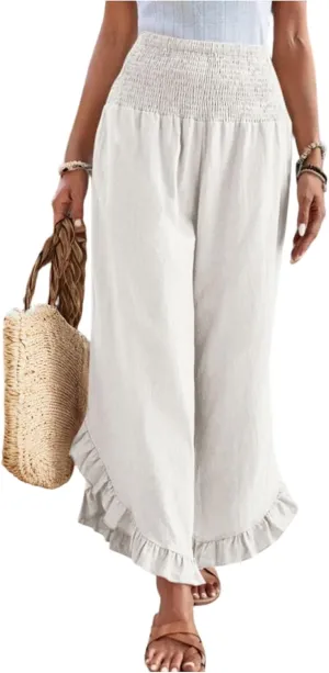 Linen Pants Women Summer Wide Leg Pants Casual Solid Color Elastic Smocked Waist Ruffle Hem Pant Boho Flowy Beach Pant