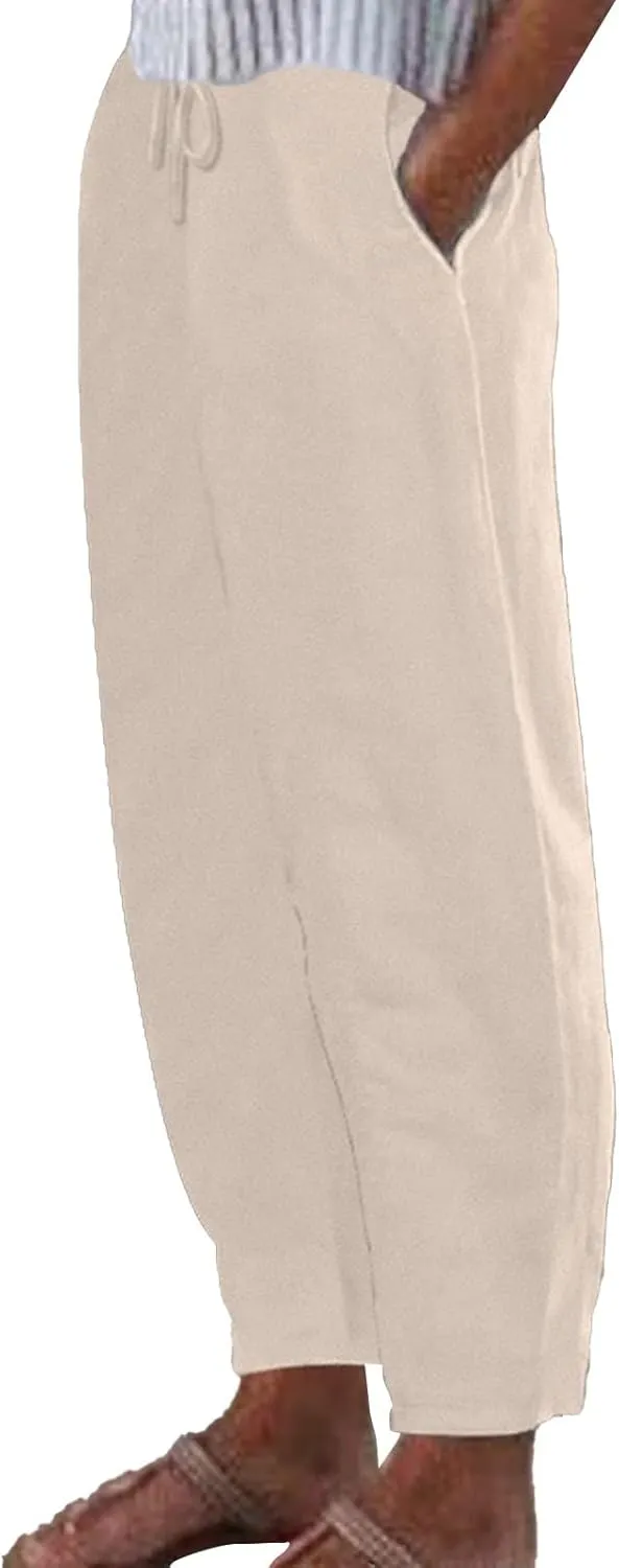 Linen Pants Women Tapered Pant Drawstring Lounge Trousers with Pocket High Waist Pants Beach Wear Summer Clothes