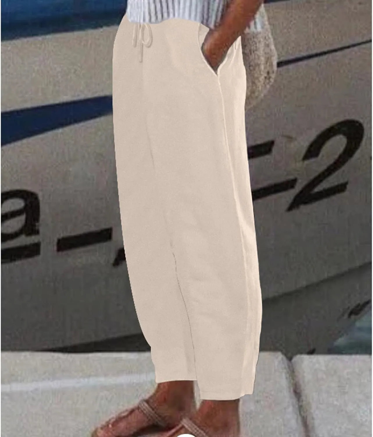 Linen Pants Women Tapered Pant Drawstring Lounge Trousers with Pocket High Waist Pants Beach Wear Summer Clothes