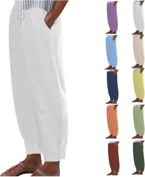 Linen Pants Women Tapered Pant Drawstring Lounge Trousers with Pocket High Waist Pants Beach Wear Summer Clothes