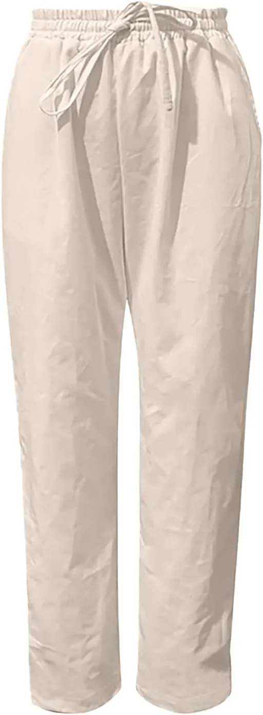 Linen Pants Women Tapered Pant Drawstring Lounge Trousers with Pocket High Waist Pants Beach Wear Summer Clothes