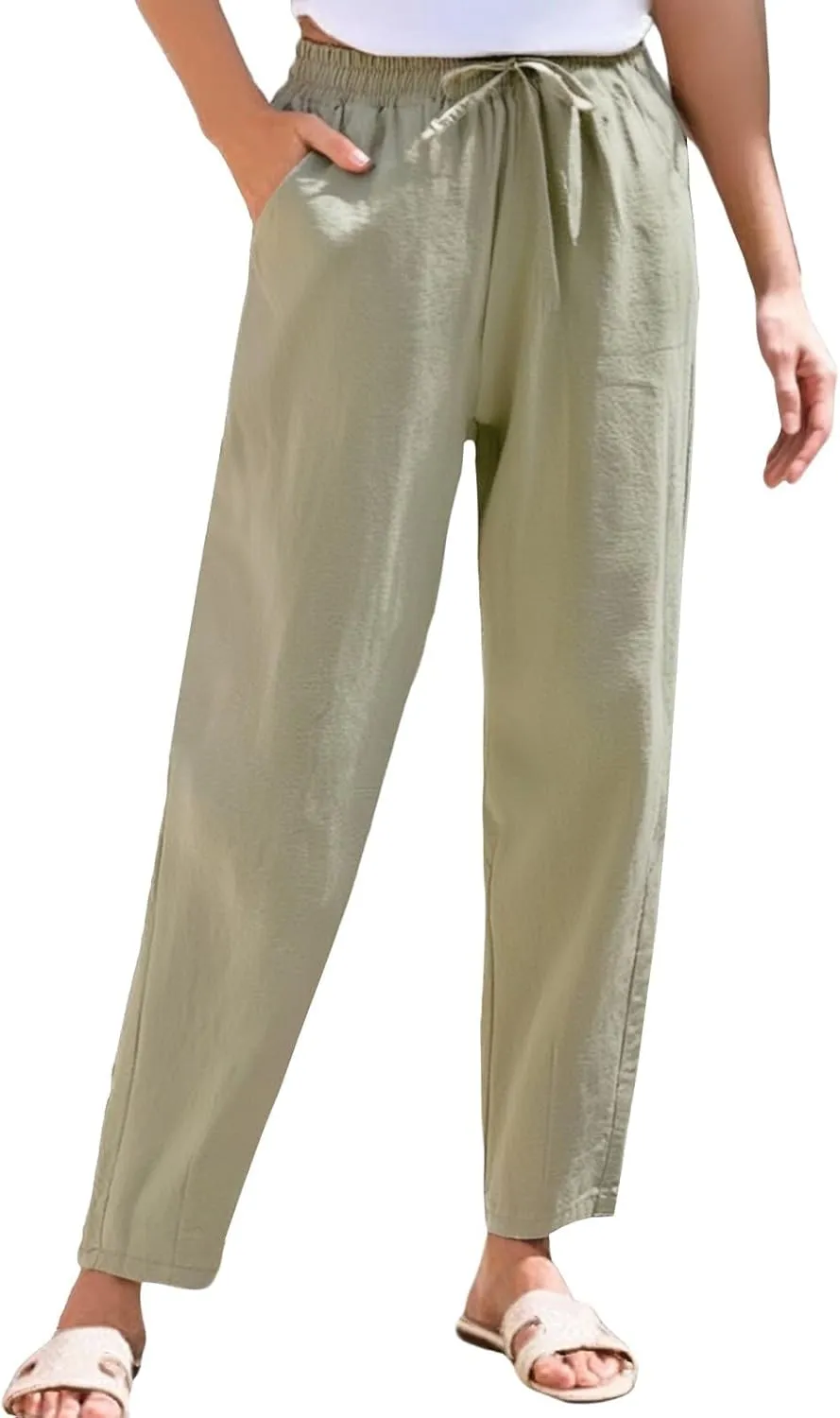 Linen Pants Women Wide Leg Elastic Drawstring Pants Women Lounge Comfy Casual Summer Beach Trousers with Pockets