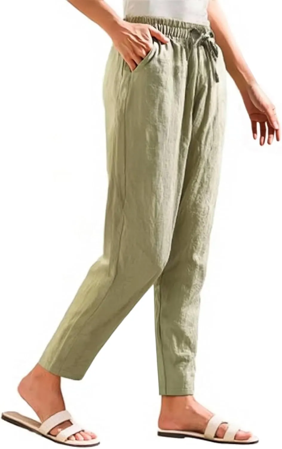 Linen Pants Women Wide Leg Elastic Drawstring Pants Women Lounge Comfy Casual Summer Beach Trousers with Pockets