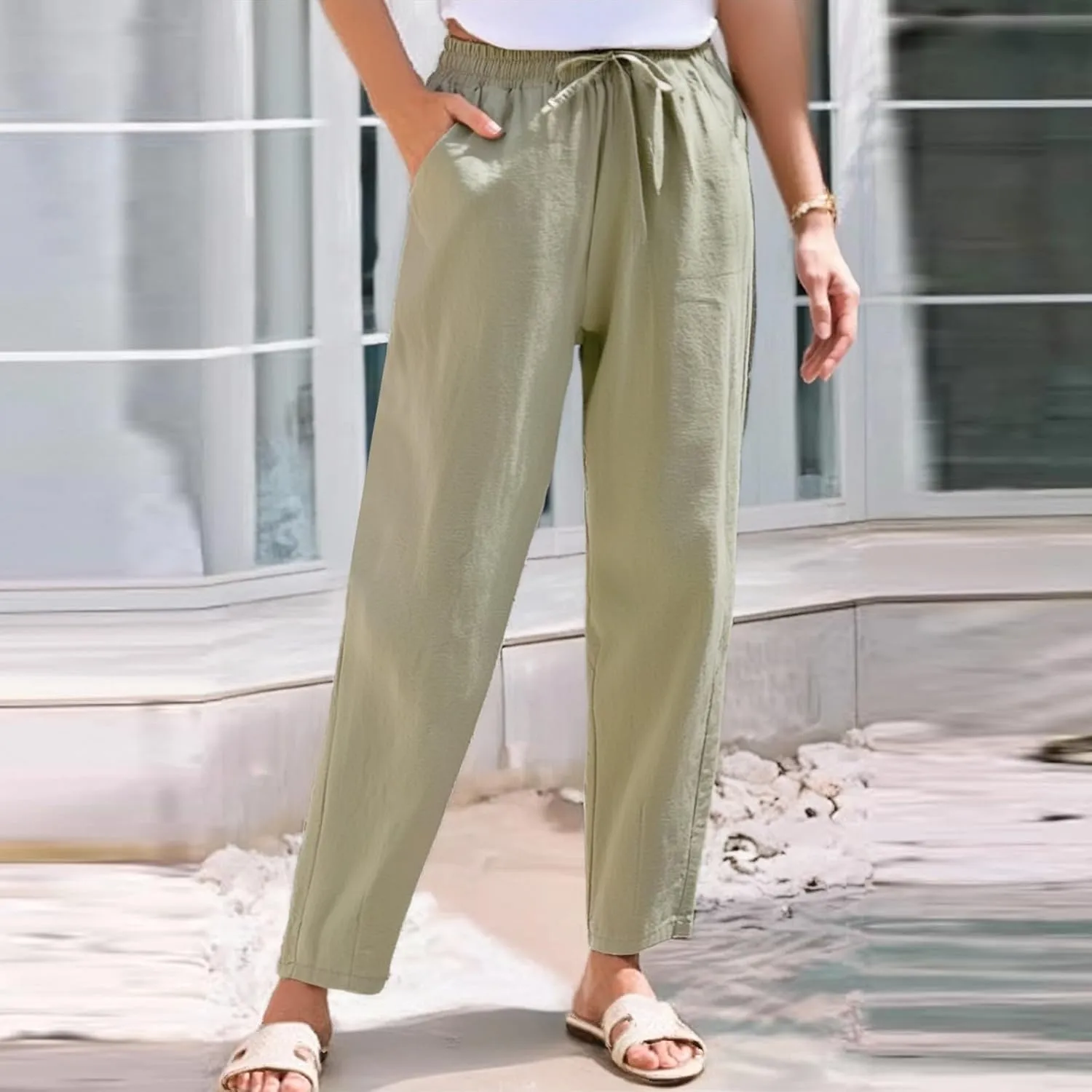 Linen Pants Women Wide Leg Elastic Drawstring Pants Women Lounge Comfy Casual Summer Beach Trousers with Pockets
