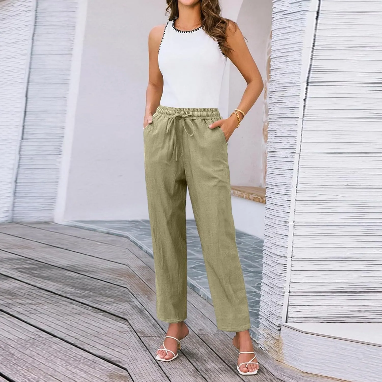 Linen Pants Women Wide Leg Elastic Drawstring Pants Women Lounge Comfy Casual Summer Beach Trousers with Pockets
