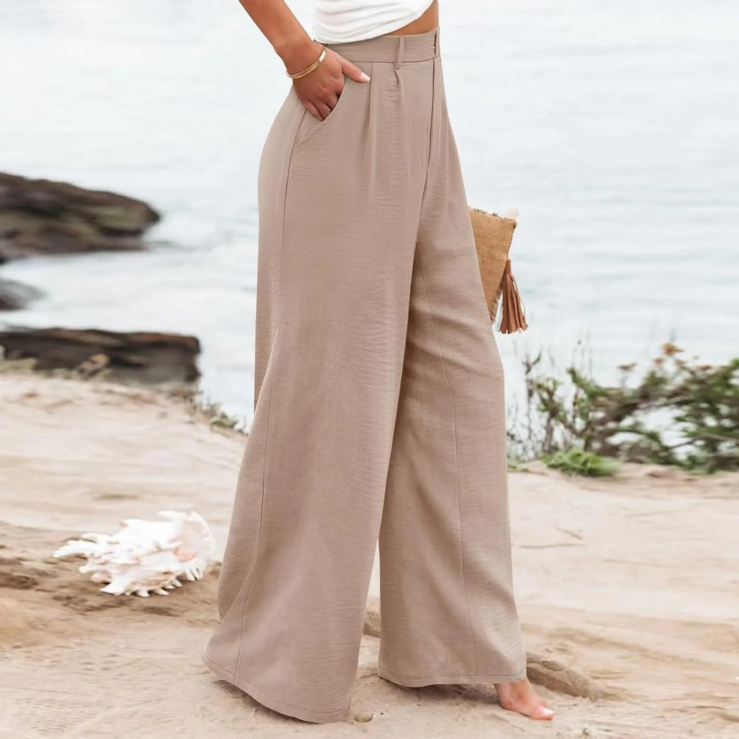 Linen Wide Leg Dress Pants Women High Elastic Wasided in The Back Work Pants Lounge Trousers with Pockets