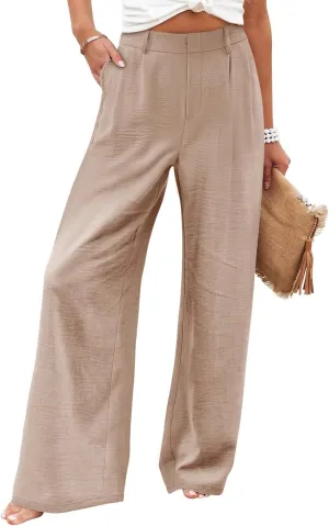 Linen Wide Leg Dress Pants Women High Elastic Wasided in The Back Work Pants Lounge Trousers with Pockets