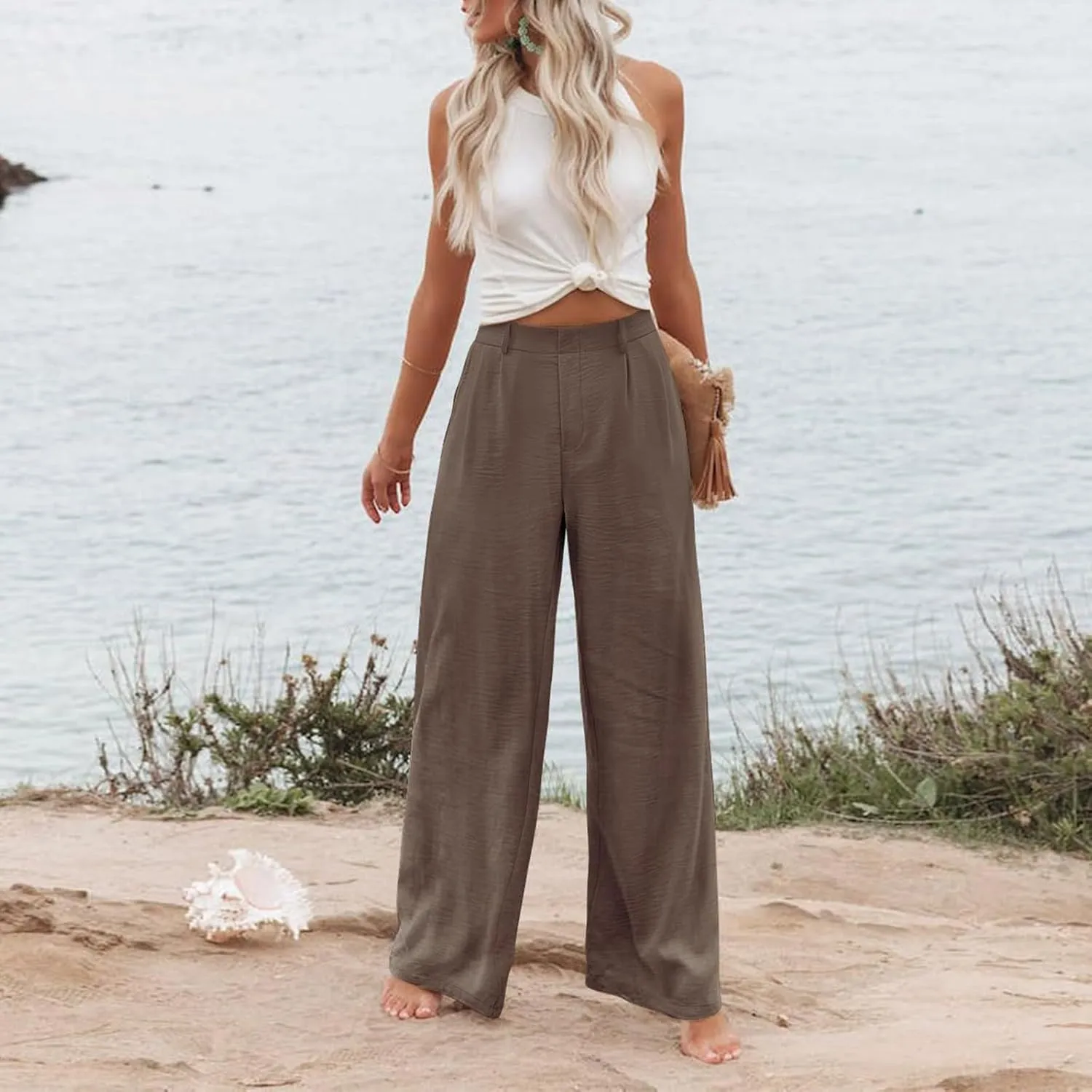 Linen Wide Leg Dress Pants Women High Elastic Wasided in The Back Work Pants Lounge Trousers with Pockets