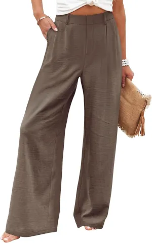 Linen Wide Leg Dress Pants Women High Elastic Wasided in The Back Work Pants Lounge Trousers with Pockets