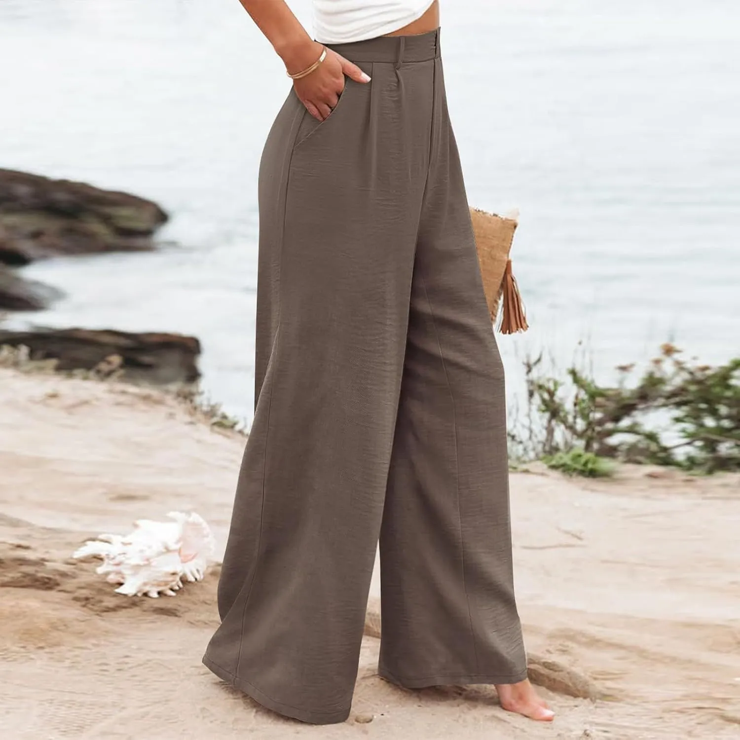 Linen Wide Leg Dress Pants Women High Elastic Wasided in The Back Work Pants Lounge Trousers with Pockets