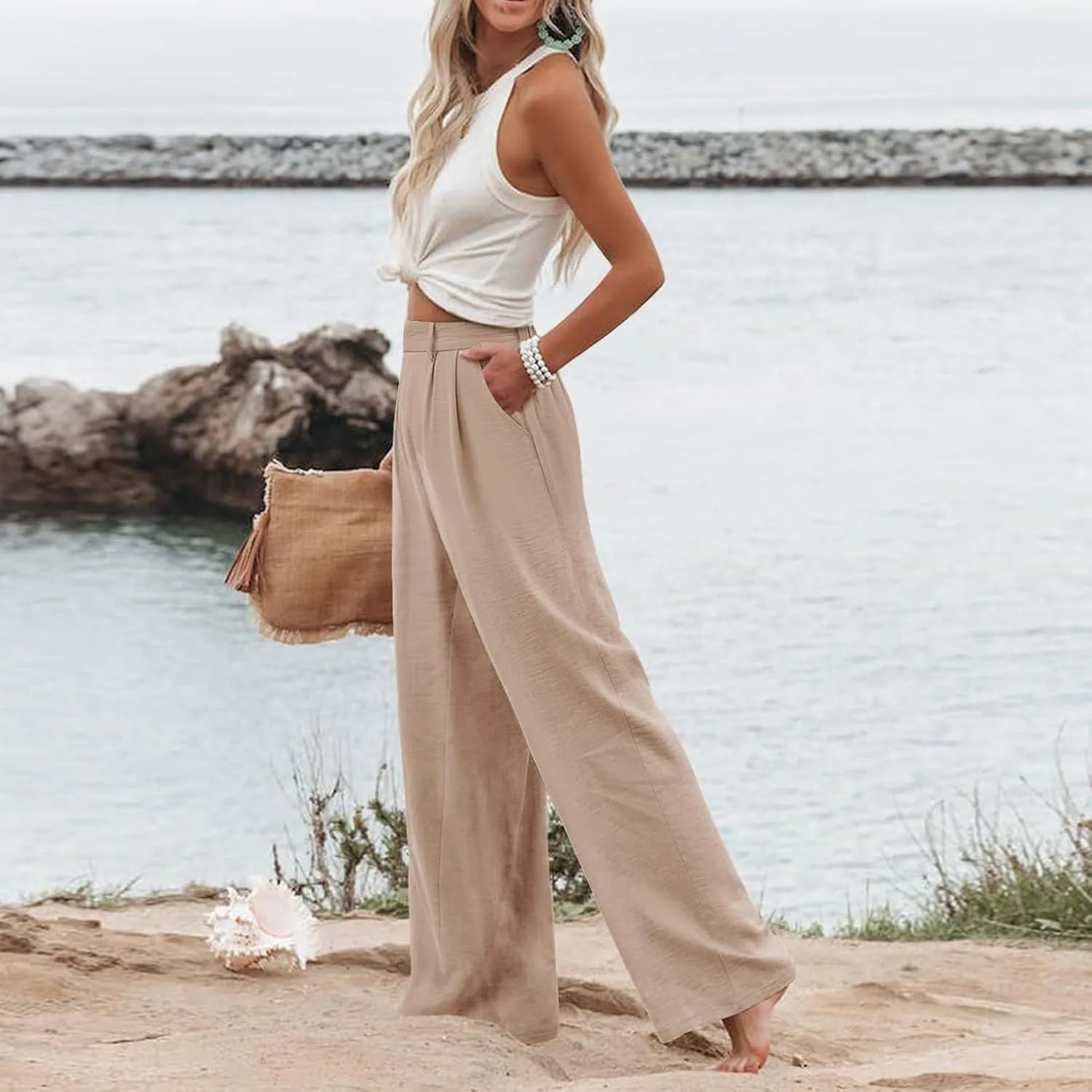 Linen Wide Leg Dress Pants Women High Elastic Wasided in The Back Work Pants Lounge Trousers with Pockets
