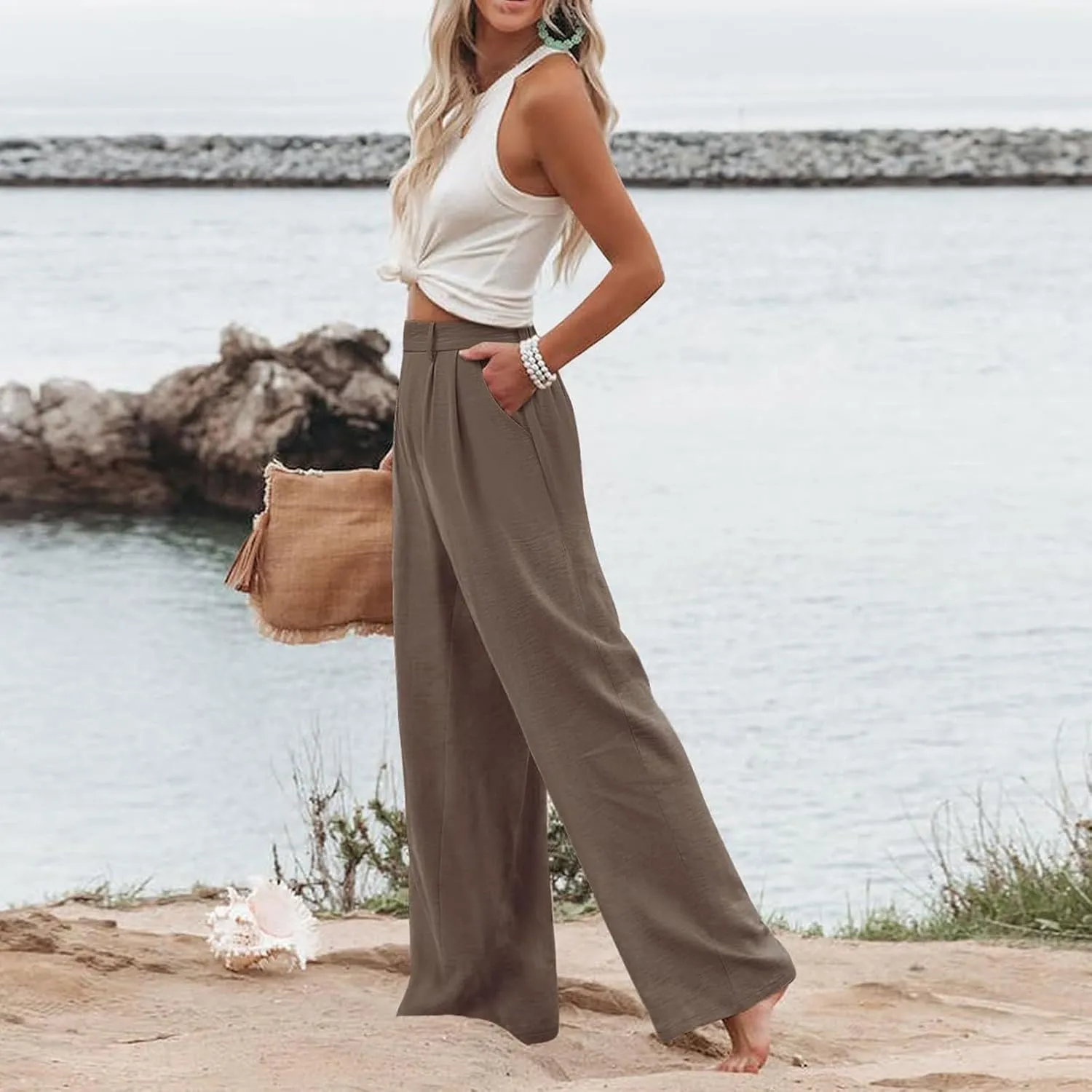 Linen Wide Leg Dress Pants Women High Elastic Wasided in The Back Work Pants Lounge Trousers with Pockets