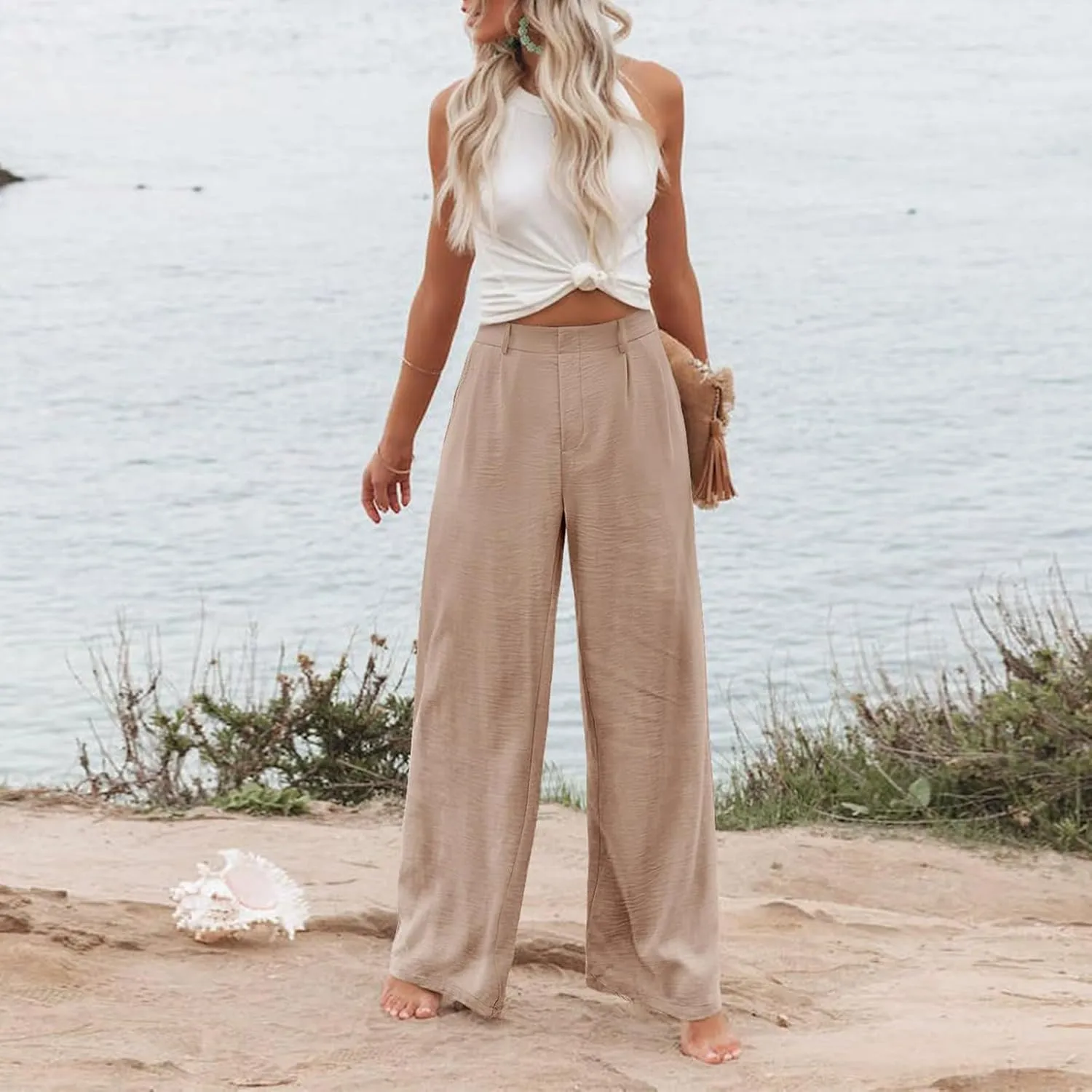 Linen Wide Leg Dress Pants Women High Elastic Wasided in The Back Work Pants Lounge Trousers with Pockets
