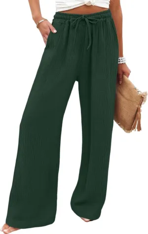 Linen Wide Leg Pants for Women Casual Elastic Waist Loose Fit Flowy Palazzo Pants Comfy Summer Beach Pant with Pockets