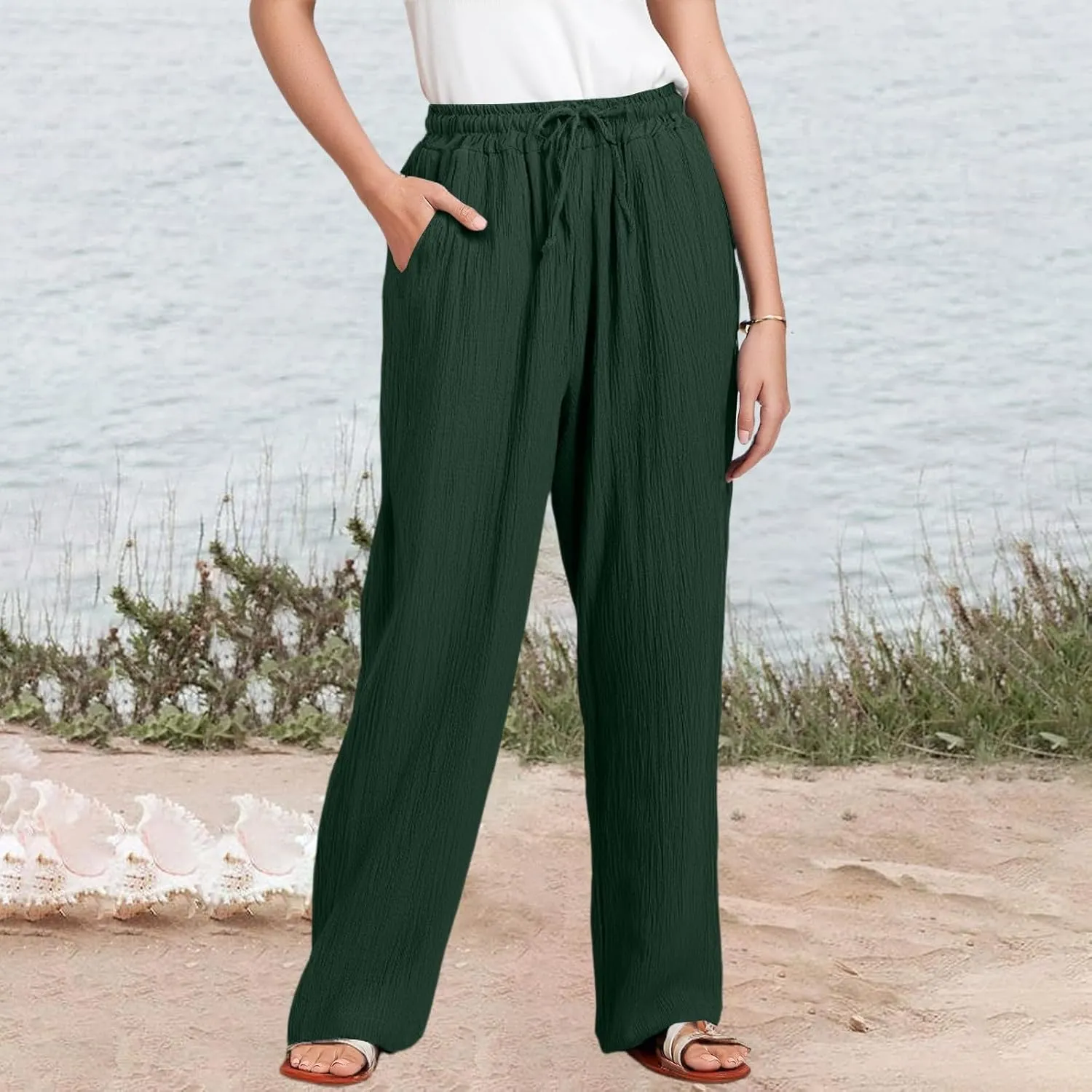 Linen Wide Leg Pants for Women Casual Elastic Waist Loose Fit Flowy Palazzo Pants Comfy Summer Beach Pant with Pockets