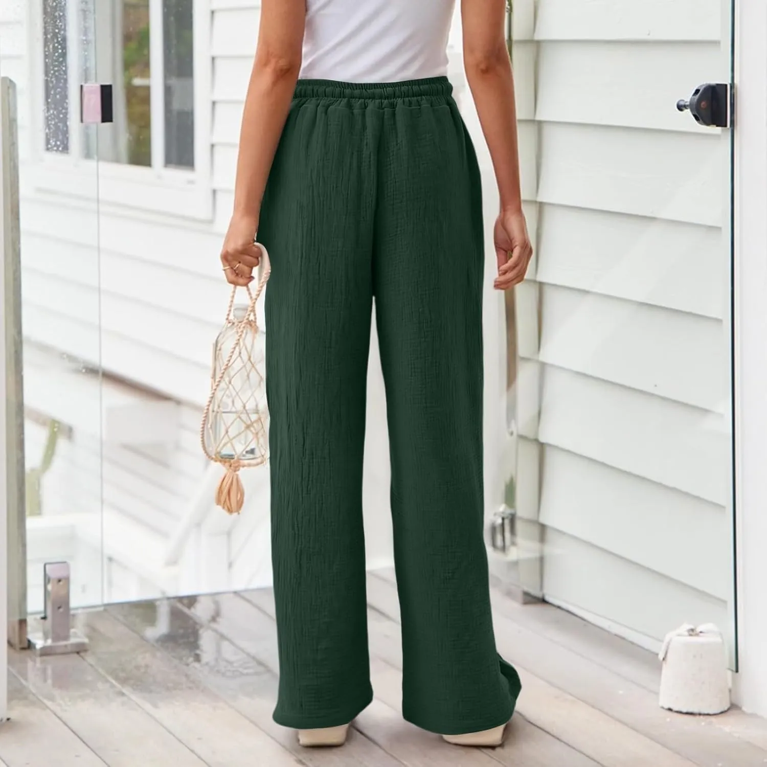 Linen Wide Leg Pants for Women Casual Elastic Waist Loose Fit Flowy Palazzo Pants Comfy Summer Beach Pant with Pockets