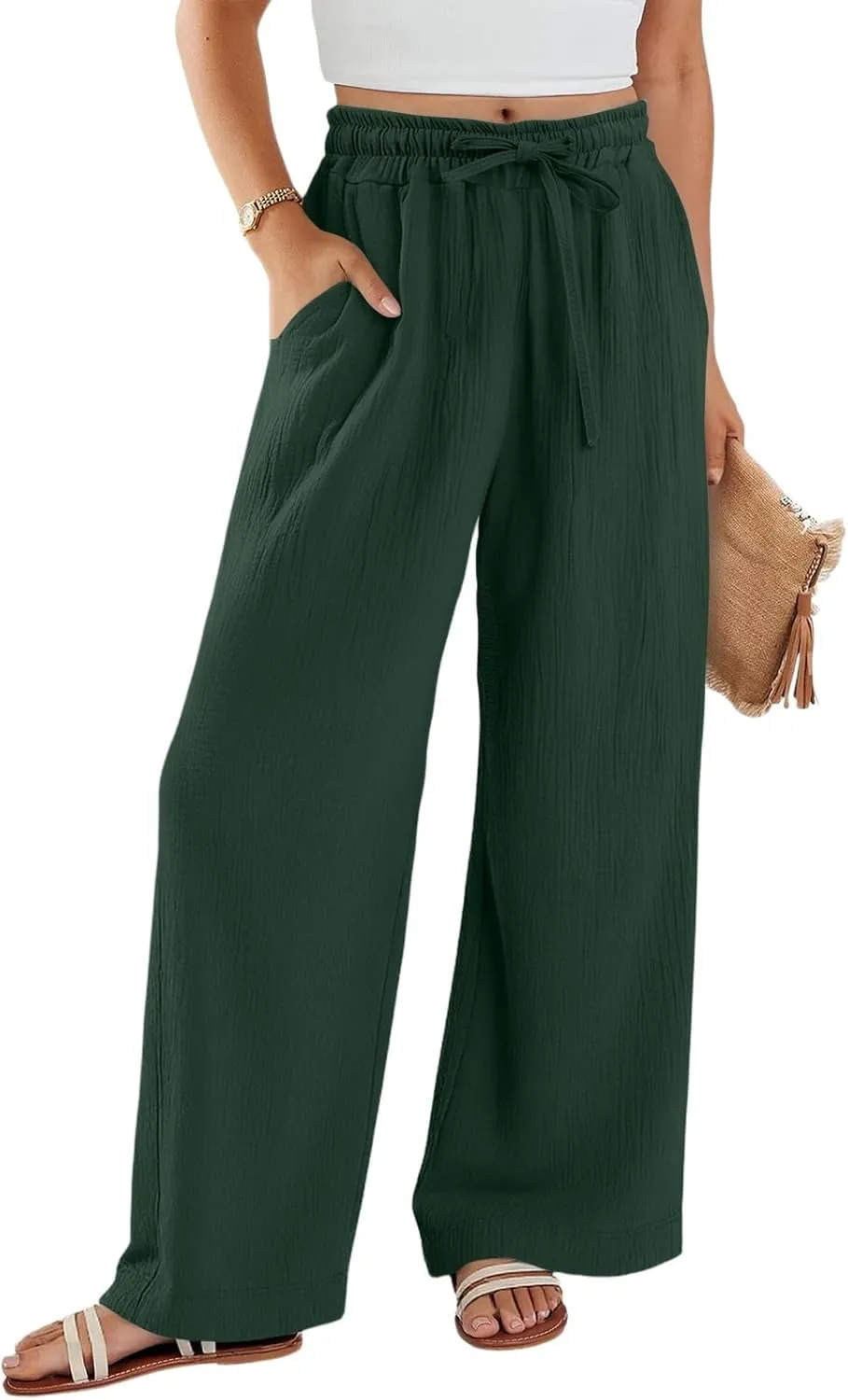Linen Wide Leg Pants for Women Casual Elastic Waist Loose Fit Flowy Palazzo Pants Comfy Summer Beach Pant with Pockets