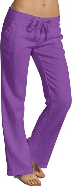 Linen Womens Pants Casual High Waisted Drawstring Casual Loose Summer Baggy Flowy Lounge Cropped Trousers with Pockets