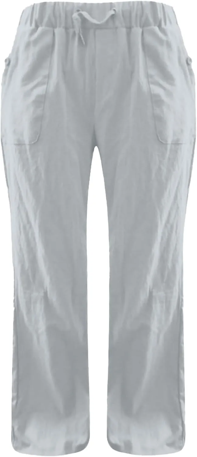 Linen Womens Pants Casual High Waisted Drawstring Casual Loose Summer Baggy Flowy Lounge Cropped Trousers with Pockets