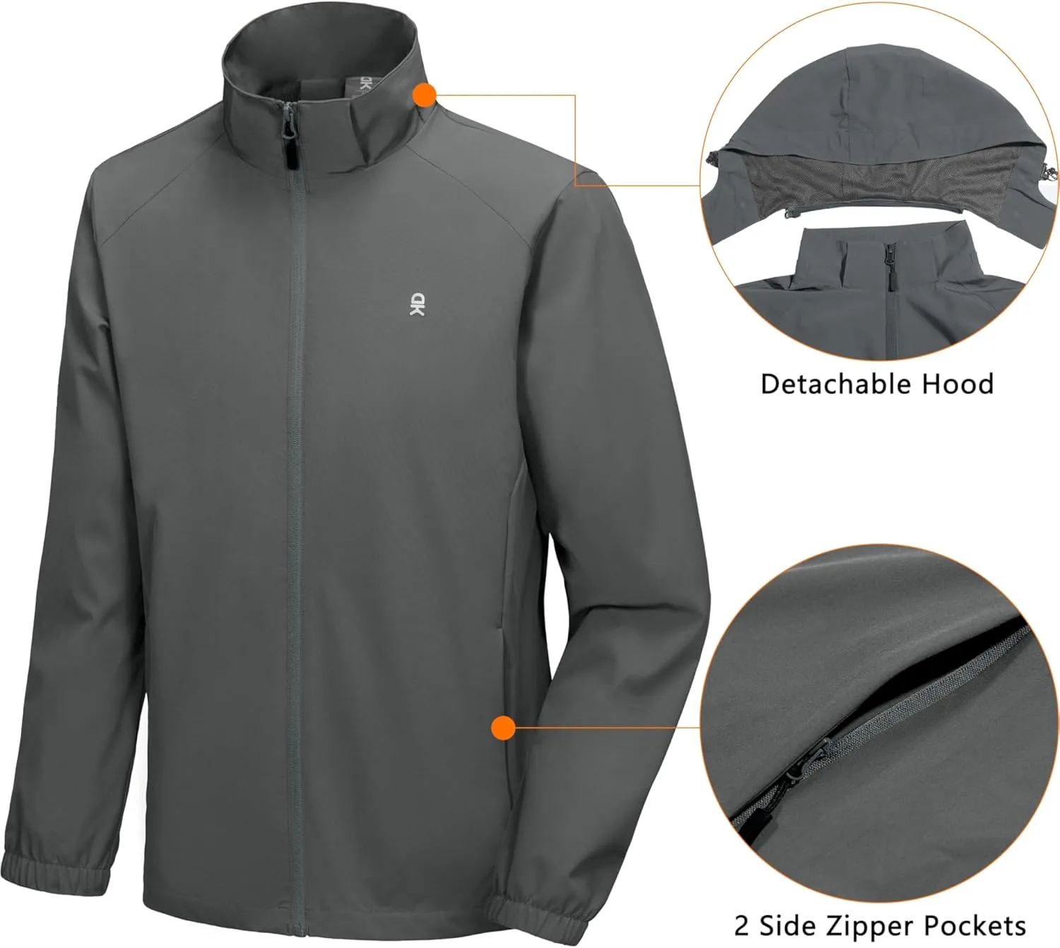 Little Donkey Andy Men's Lightweight Windbreaker Jacket Removable Hooded Windproof Coat for Running Hiking Golf
