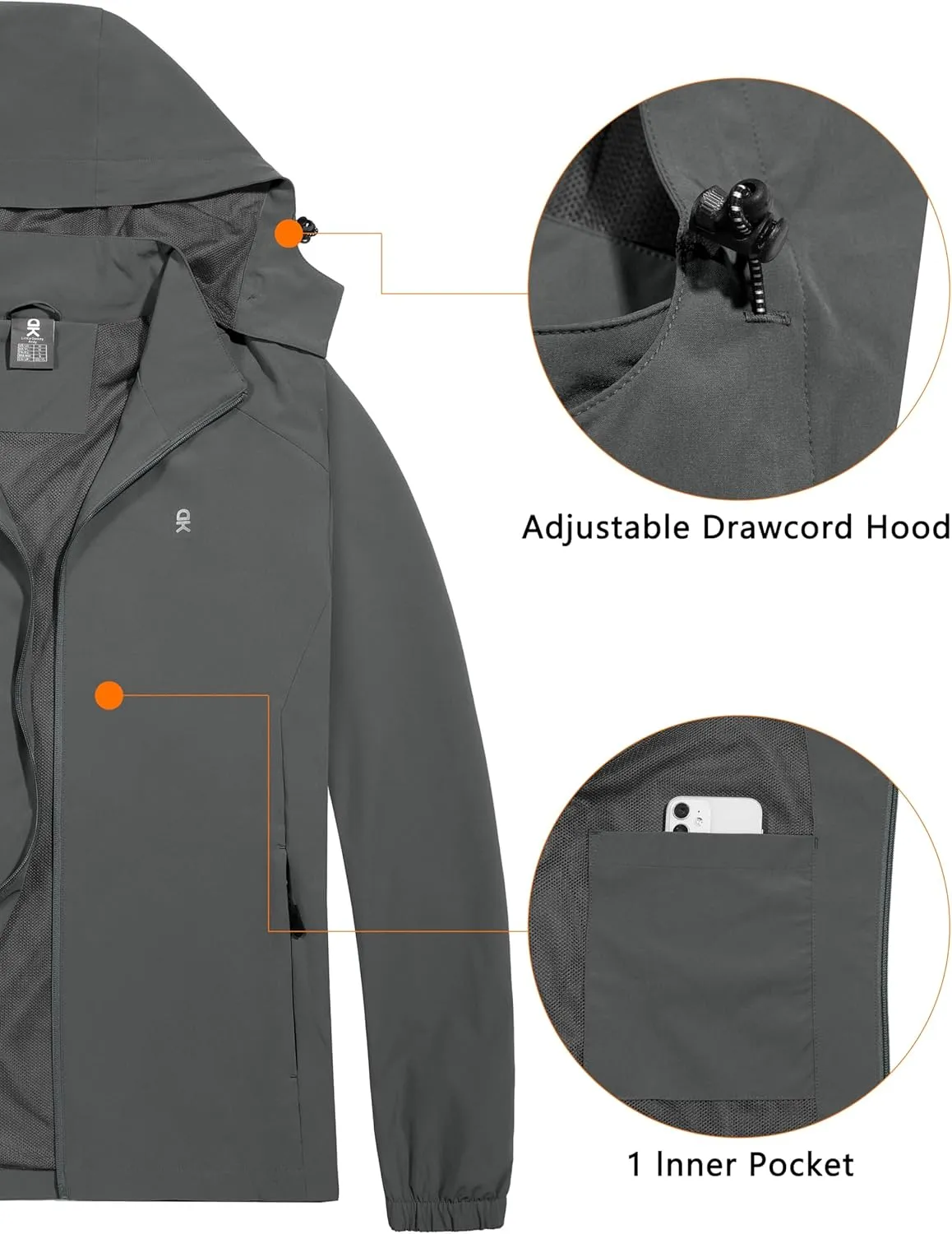 Little Donkey Andy Men's Lightweight Windbreaker Jacket Removable Hooded Windproof Coat for Running Hiking Golf