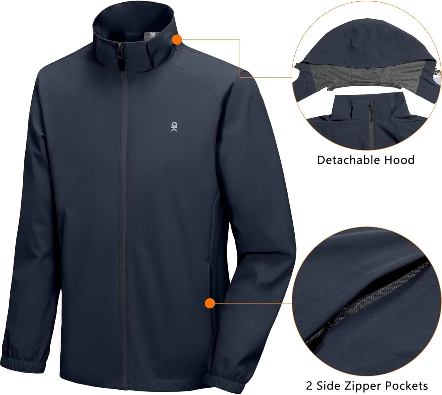 Little Donkey Andy Men's Lightweight Windbreaker Jacket Removable Hooded Windproof Coat for Running Hiking Golf