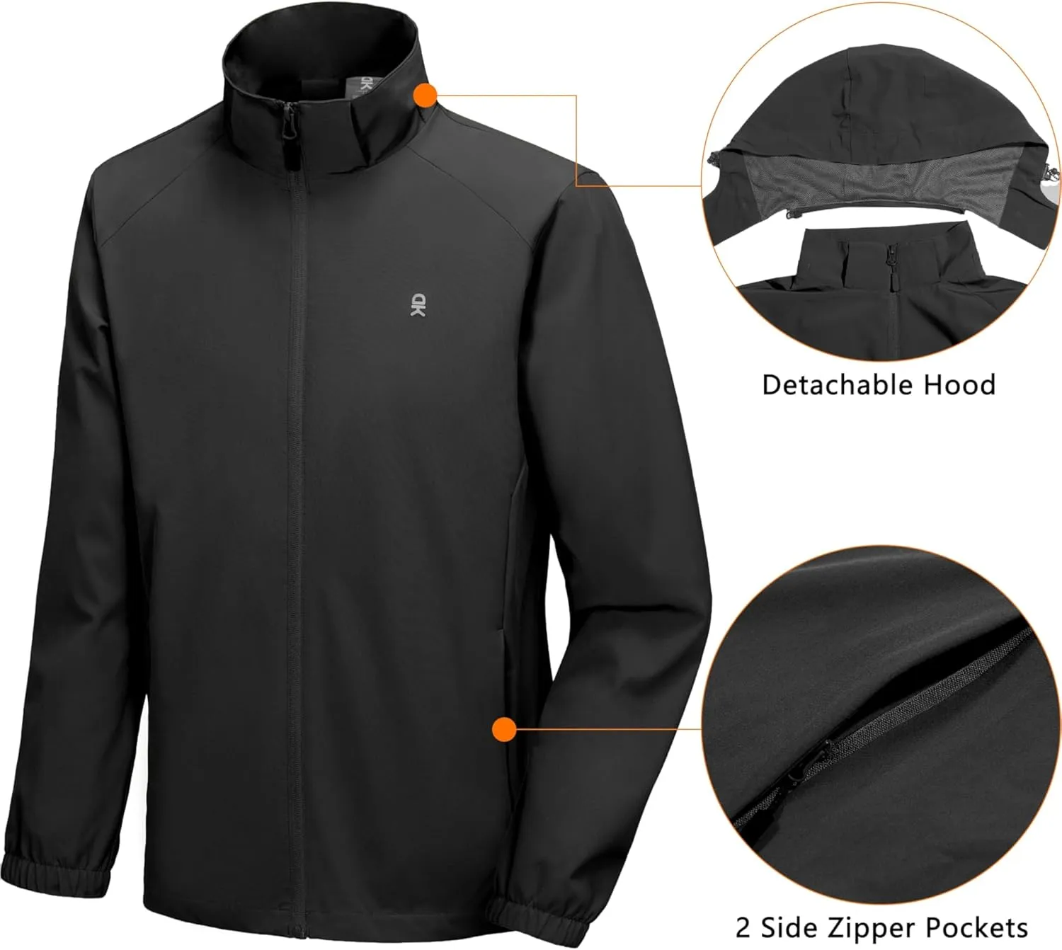 Little Donkey Andy Men's Lightweight Windbreaker Jacket Removable Hooded Windproof Coat for Running Hiking Golf