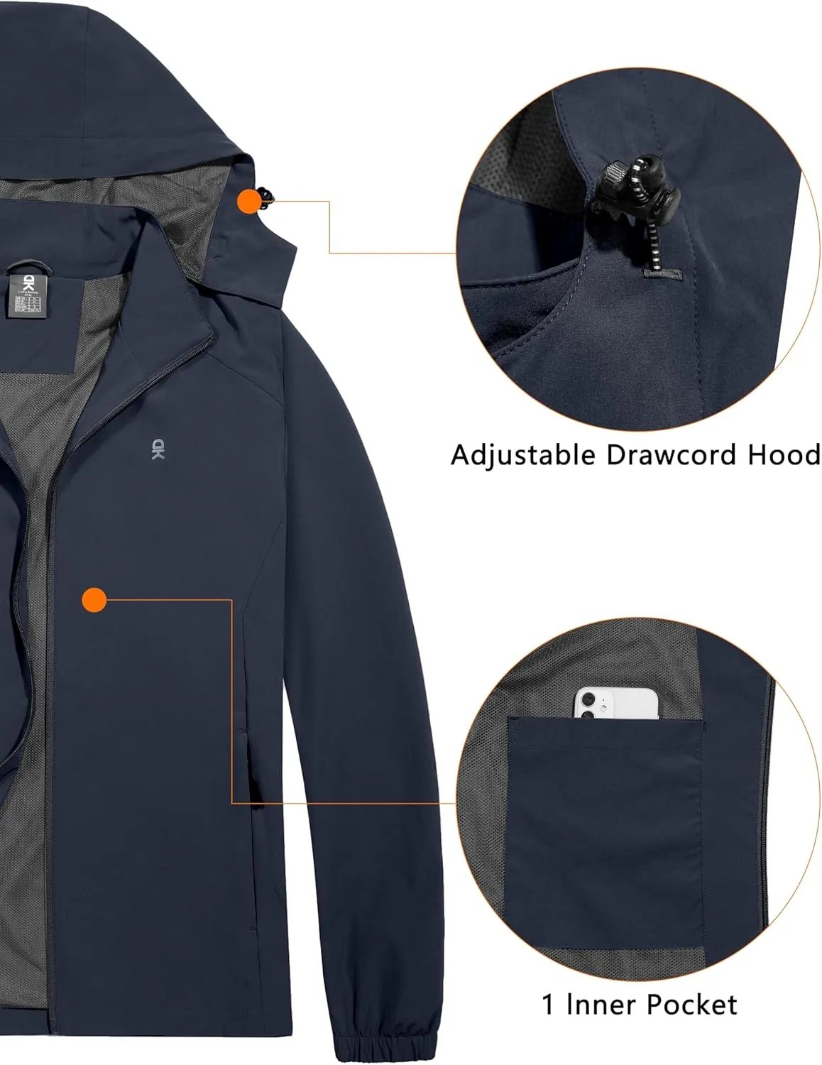 Little Donkey Andy Men's Lightweight Windbreaker Jacket Removable Hooded Windproof Coat for Running Hiking Golf