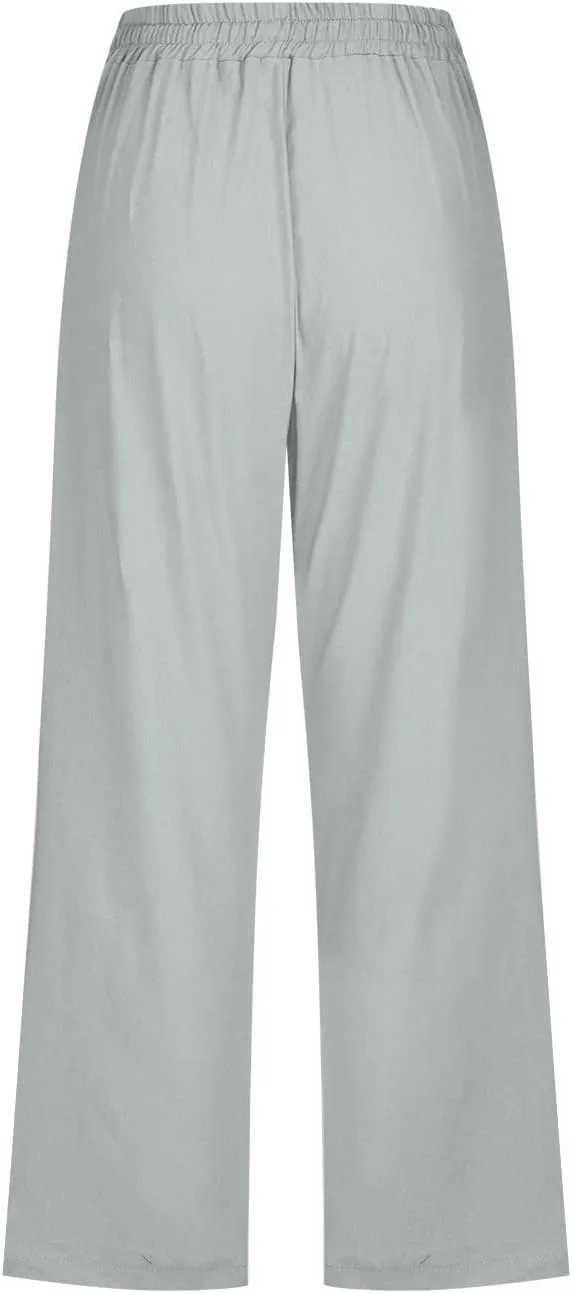Lmdudan 2025 Summer Cotton Linen Capri Pants Women Drawstring Elastic Waist Casual Pant Straight Wide Leg Cropped Trousers