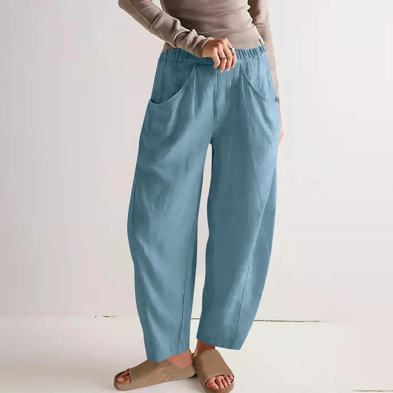 Lmdudan 2025 Summer Linen Capri Pants for Women Elastic Waist Tapered Cropped Pants Lightweight Crop Trousers with Pockets