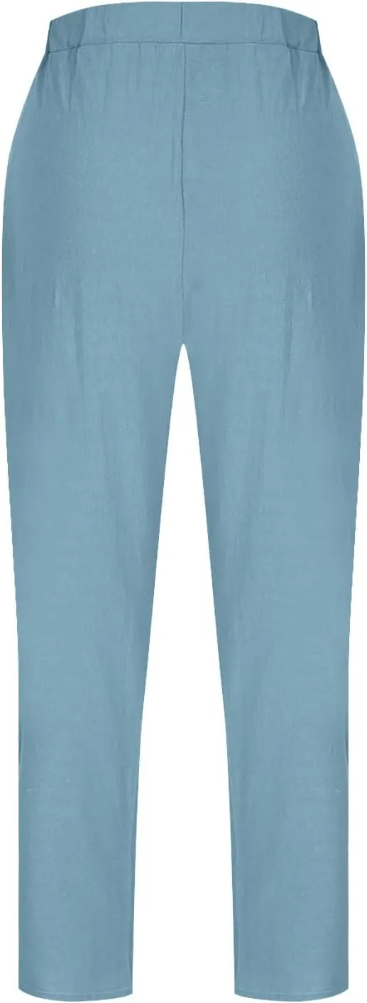Lmdudan 2025 Summer Linen Capri Pants for Women Elastic Waist Tapered Cropped Pants Lightweight Crop Trousers with Pockets