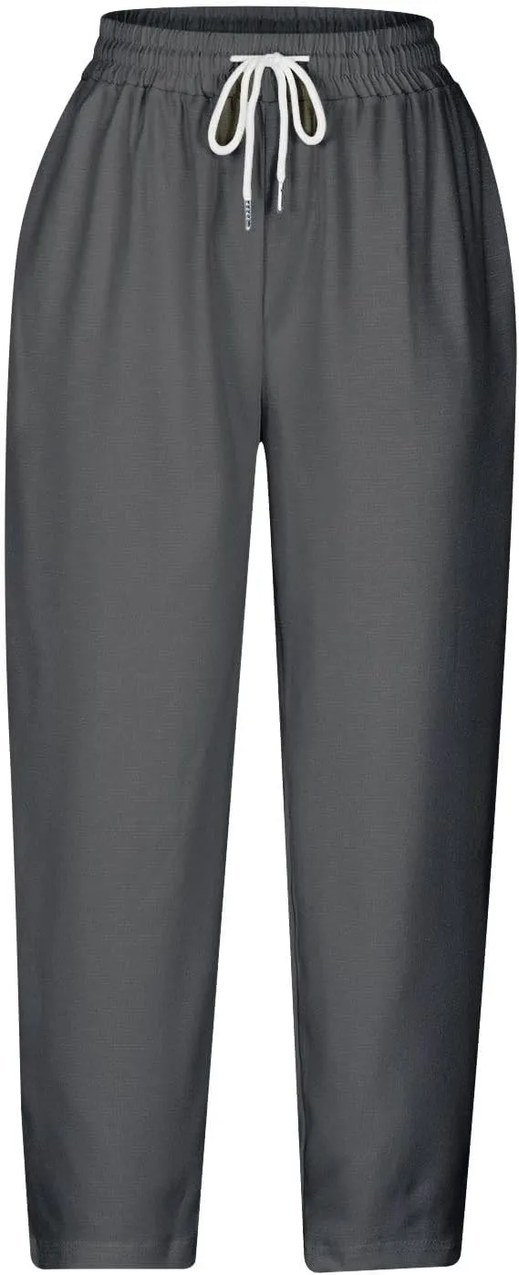 Lmdudan 2025 Summer Linen Capri Pants for Women High Waisted Drawstring Pant Comfy Soft Cropped Trousers Casual Beach Pant