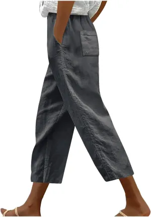 Lmdudan 2025 Summer Linen Capri Pants for Women High Waisted Drawstring Pant Comfy Soft Cropped Trousers Casual Beach Pant