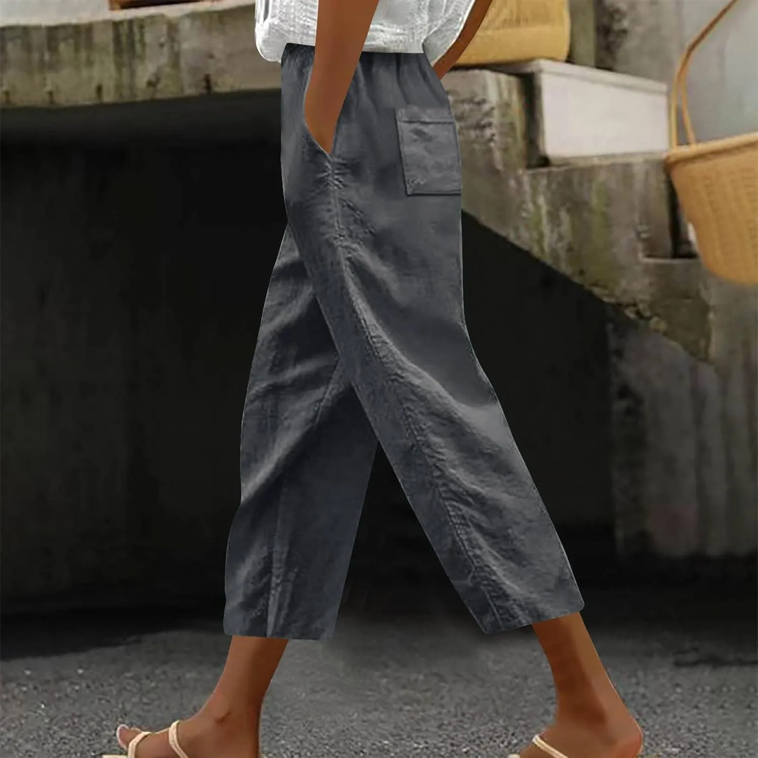 Lmdudan 2025 Summer Linen Capri Pants for Women High Waisted Drawstring Pant Comfy Soft Cropped Trousers Casual Beach Pant