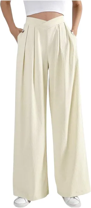 Lmdudan 2025 Womens Wide Leg Pants Crossover Waist Pleated Front Casual Work Pant Summer Lounge Trousers with Pockets