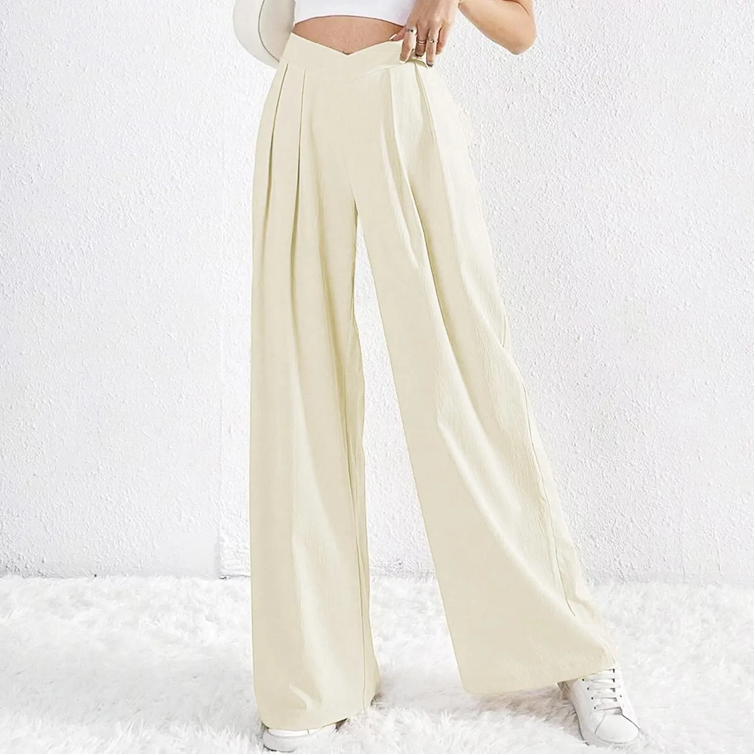 Lmdudan 2025 Womens Wide Leg Pants Crossover Waist Pleated Front Casual Work Pant Summer Lounge Trousers with Pockets