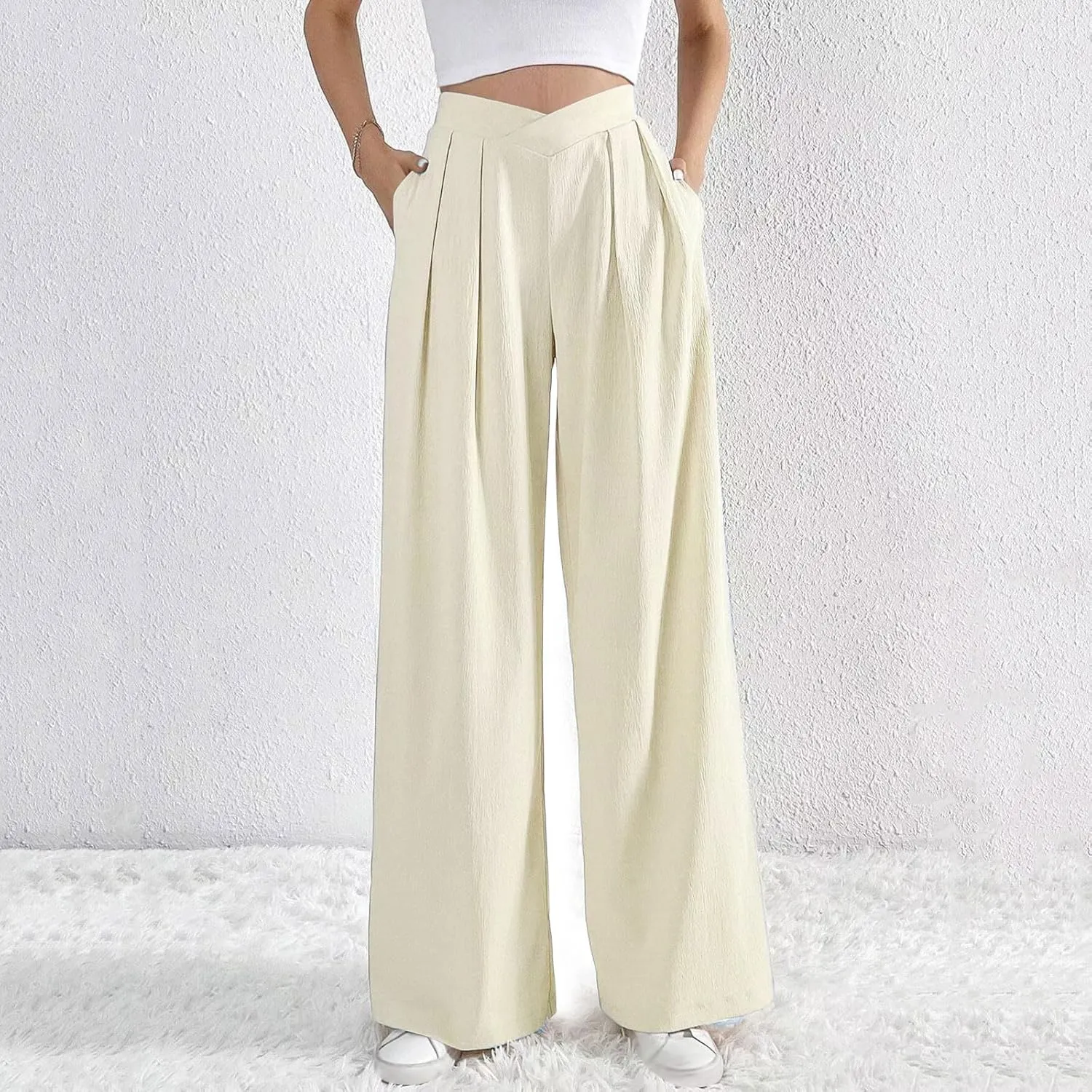 Lmdudan 2025 Womens Wide Leg Pants Crossover Waist Pleated Front Casual Work Pant Summer Lounge Trousers with Pockets