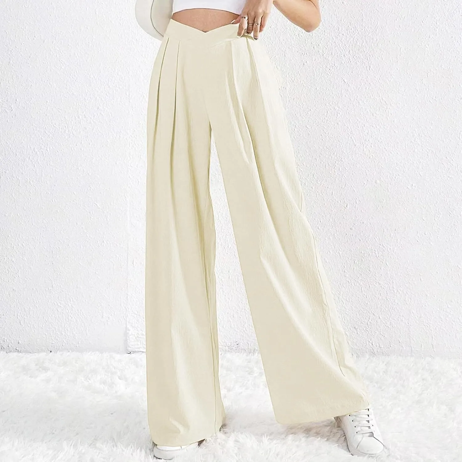 Lmdudan 2025 Womens Wide Leg Pants Crossover Waist Pleated Front Casual Work Pant Summer Lounge Trousers with Pockets