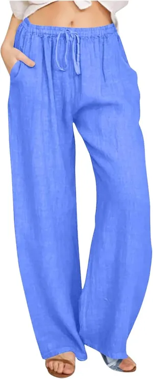 Lmdudan Summer Cotton Linen Palazzo Pants for Women Wide Leg Drawstring Waist Pants Casual Loose Work Trousers with Pockets