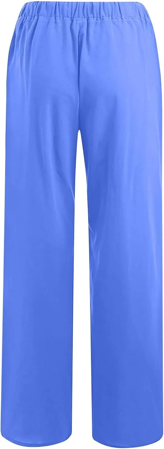 Lmdudan Summer Cotton Linen Palazzo Pants for Women Wide Leg Drawstring Waist Pants Casual Loose Work Trousers with Pockets