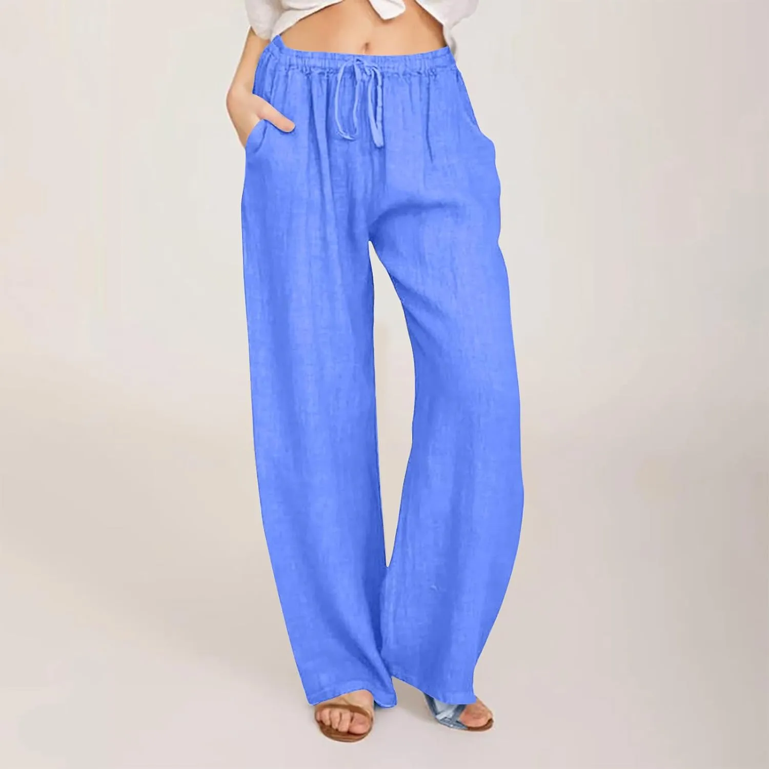 Lmdudan Summer Cotton Linen Palazzo Pants for Women Wide Leg Drawstring Waist Pants Casual Loose Work Trousers with Pockets