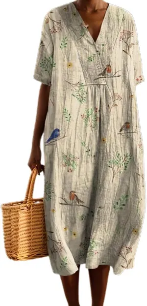 LOAIHA Womens Flowy Oversized Baggy Boho Floral V Neck Midi Dresses Summer Casual Loose Long Dress with Pockets