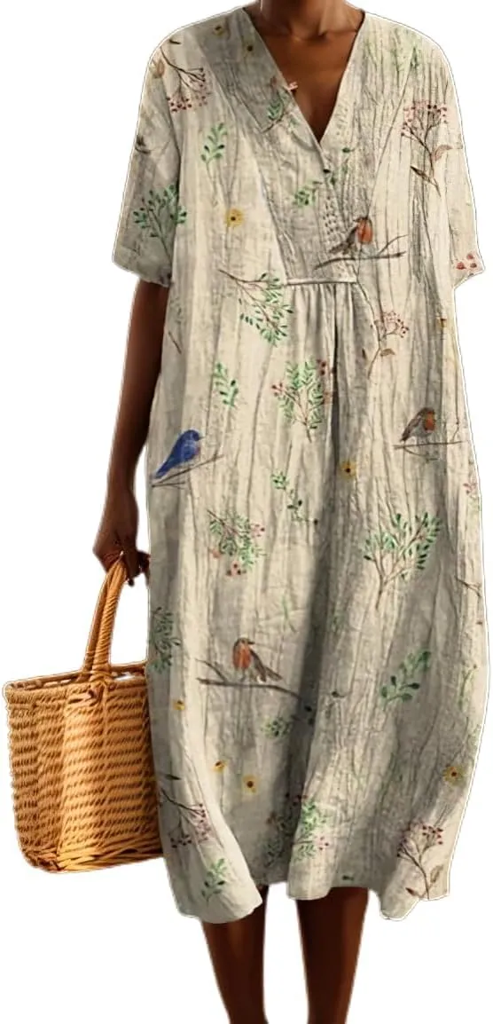 LOAIHA Womens Flowy Oversized Baggy Boho Floral V Neck Midi Dresses Summer Casual Loose Long Dress with Pockets