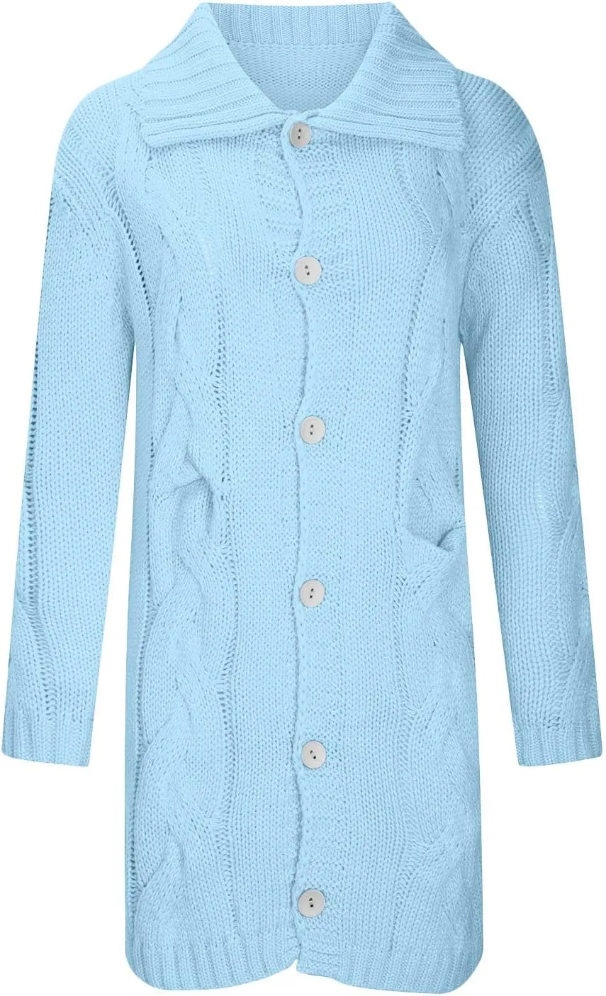 Long Cardigan Sweaters for Women Coats Cable Knit Casual Open Front Long Sleeve Sweater with Pockets