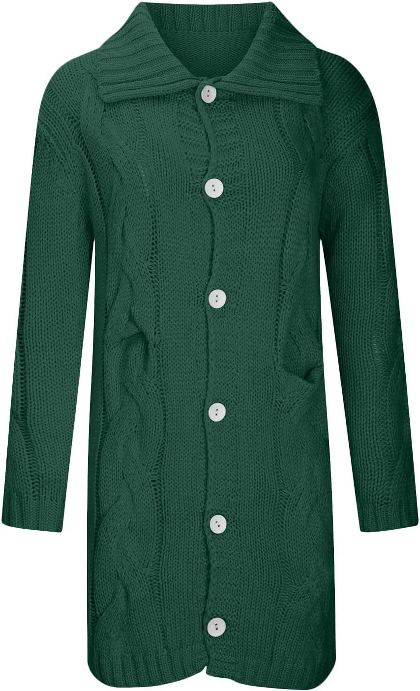 Long Cardigan Sweaters for Women Coats Cable Knit Casual Open Front Long Sleeve Sweater with Pockets