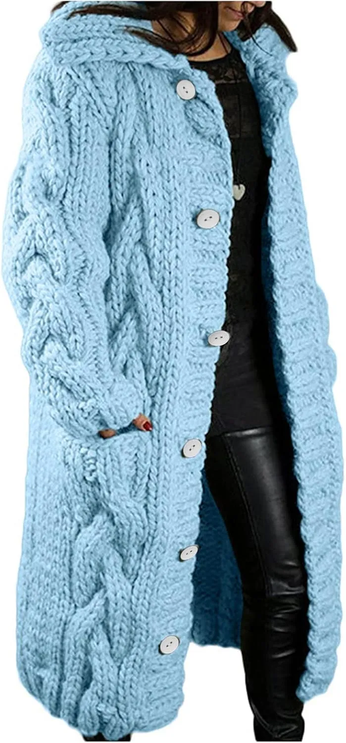 Long Cardigan Sweaters for Women Coats Cable Knit Casual Open Front Long Sleeve Sweater with Pockets