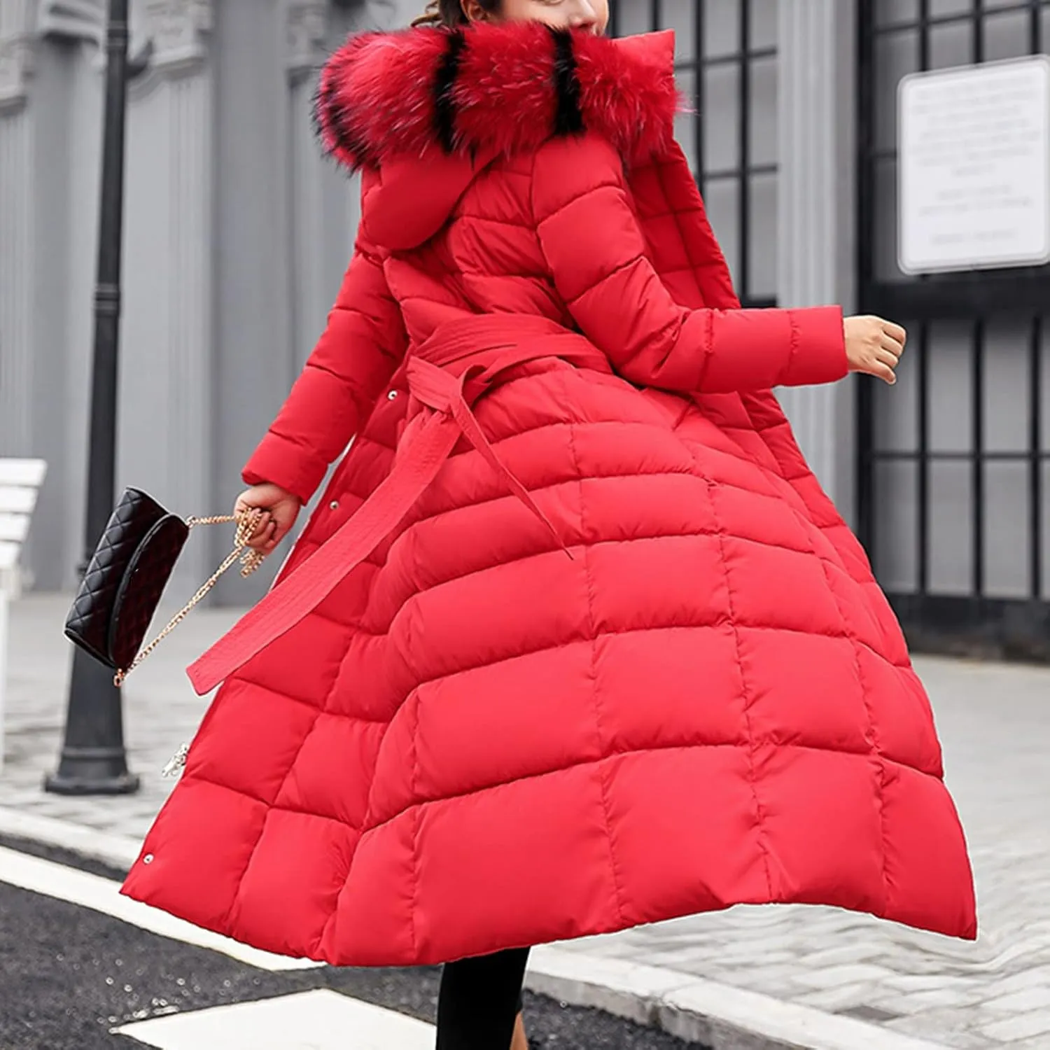 Long Jacket Women Fur Collar Lace Up Cotton Parkas Coat Classic Winter 2023 Warm with Hood Military Utility Jackets