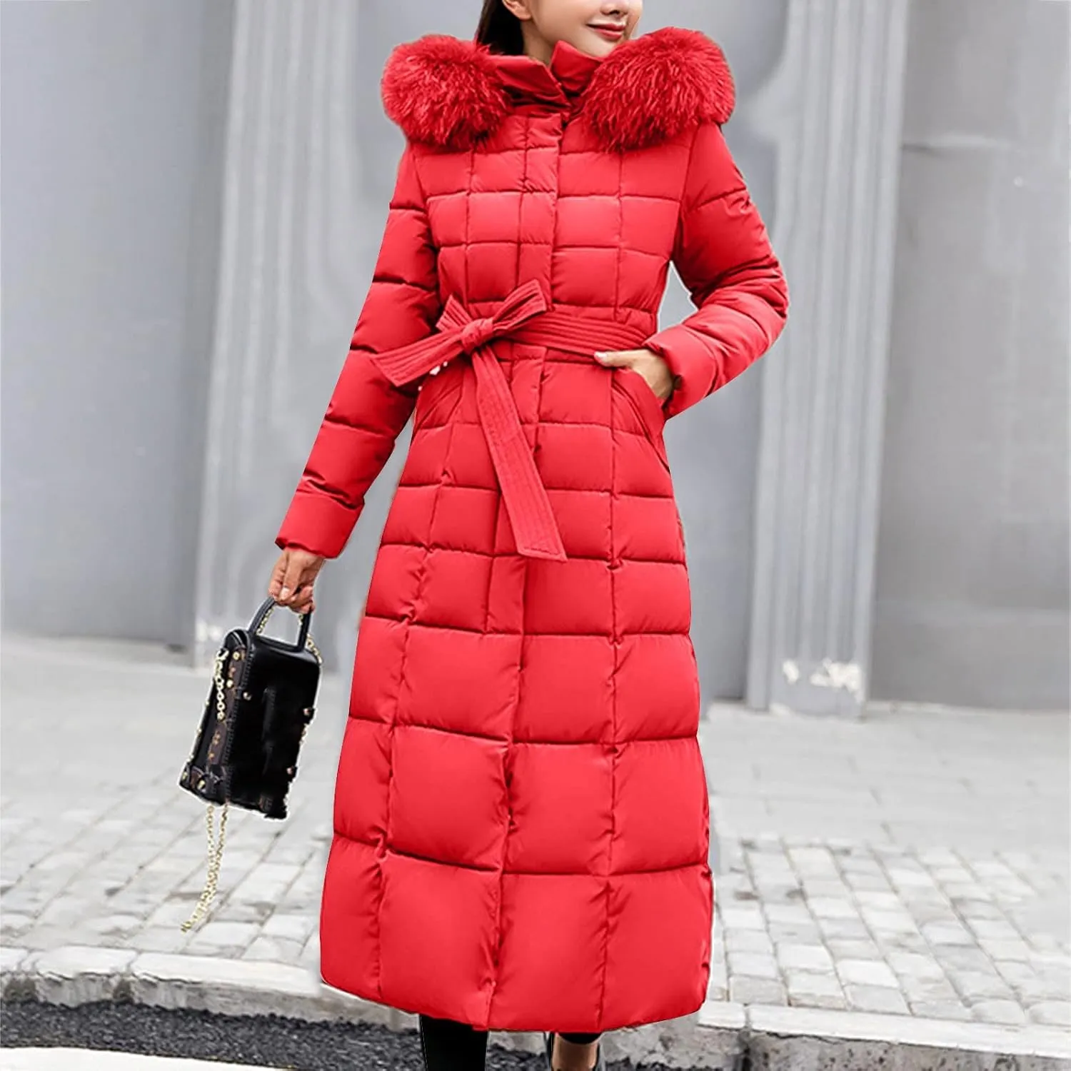 Long Jacket Women Fur Collar Lace Up Cotton Parkas Coat Classic Winter 2023 Warm with Hood Military Utility Jackets