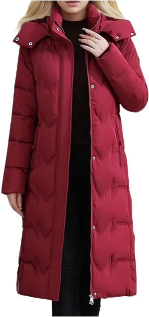 Long Puffer Coats for Women Trendy Maxi Length Quilted Jacket Faux Fur Hood Down Jacket Full Zip Winter Parka Coats