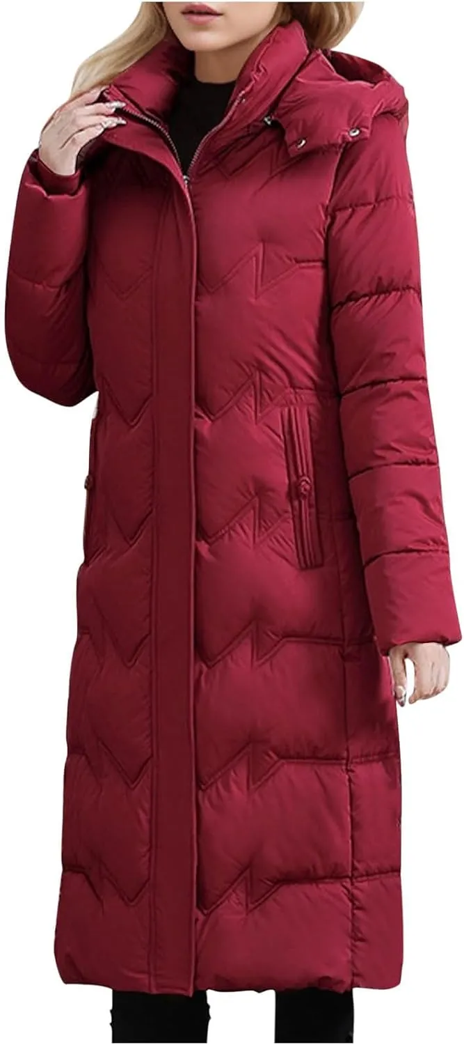 Long Puffer Coats for Women Trendy Maxi Length Quilted Jacket Faux Fur Hood Down Jacket Full Zip Winter Parka Coats